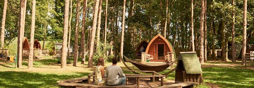 Pinewood glamping pods at Port Lympne Hotel & Reserve in Kent, UK